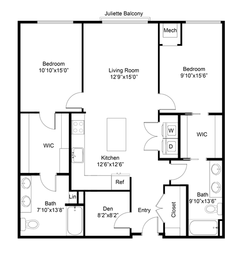 Floor plan for 2 beds, 2 baths, 1257 sqft